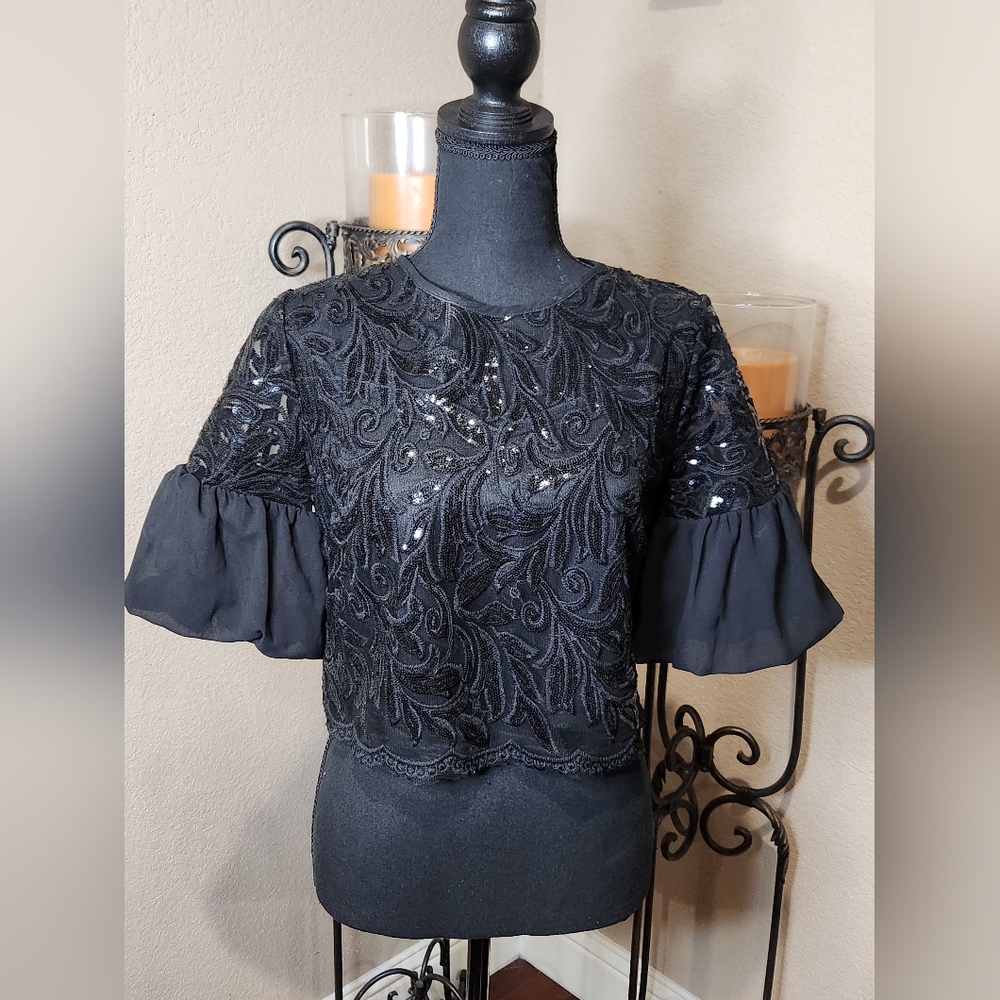 Ina Black Sequin Embroidered Crop Blouse - Picture 1 of 6